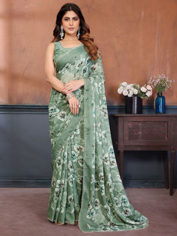 SATRANI - Green Floral Georgette Printed Saree with Unstitched Blouse