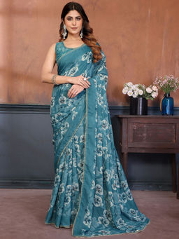 SATRANI - Blue Floral Georgette Printed Saree with Unstitched Blouse