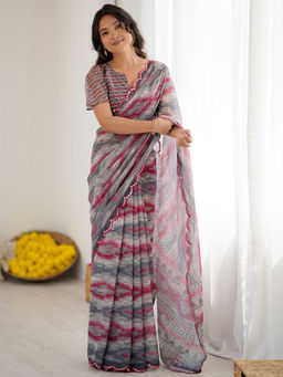 SATRANI - Grey Printed Georgette Printed Saree with Unstitched Blouse