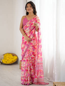 SATRANI - Pink Georgette Printed Saree with Unstitched Blouse