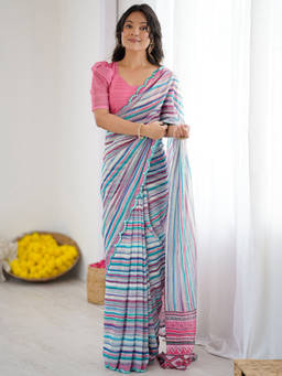 SATRANI - Grey Georgette Printed Saree with Unstitched Blouse