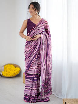 SATRANI - Lavender Georgette Printed Saree with Unstitched Blouse