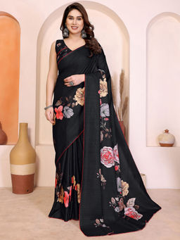 SATRANI - Black Floral Tussar Silk Printed Saree with Unstitched Blouse