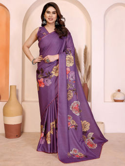 SATRANI - Purple Floral Tussar Silk Printed Saree with Unstitched Blouse