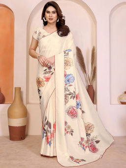 SATRANI - Off White Floral Tussar Silk Printed Saree with Unstitched Blouse