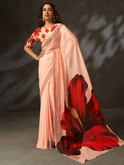 SATRANI - Peach Floral Georgette Printed Saree with Unstitched Blouse