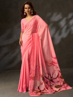 SATRANI - Pink Floral Georgette Printed Saree with Unstitched Blouse
