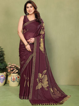 SATRANI - Wine Floral Georgette Printed Saree with Unstitched Blouse