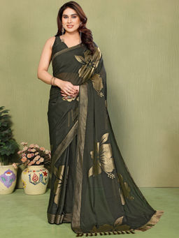 SATRANI - Green Floral Georgette Printed Saree with Unstitched Blouse