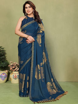 SATRANI - Navy Blue Floral Georgette Printed Saree with Unstitched Blouse