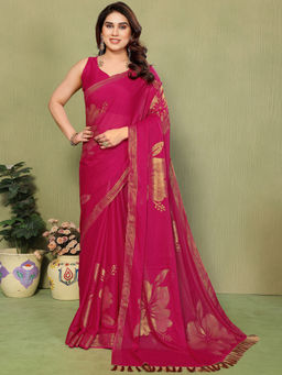 SATRANI - Pink Floral Georgette Printed Saree with Unstitched Blouse