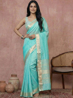 SATRANI - Turquoise Woven Cotton Silk Handloom Saree with Unstitched Blouse