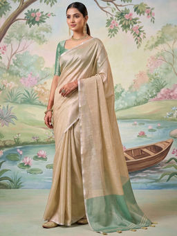 SATRANI - Beige Woven Cotton Silk Handloom Saree with Unstitched Blouse
