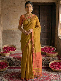 SATRANI - Mustard Woven Cotton Blend Handloom Saree with Unstitched Blouse
