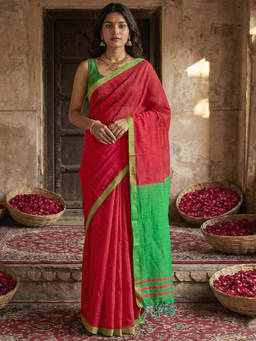 SATRANI - Red Woven Cotton Blend Handloom Saree with Unstitched Blouse
