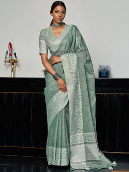 SATRANI - Green Floral Cotton Handloom Saree with Unstitched Blouse