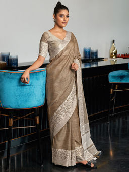 SATRANI - Beige Floral Cotton Handloom Saree with Unstitched Blouse