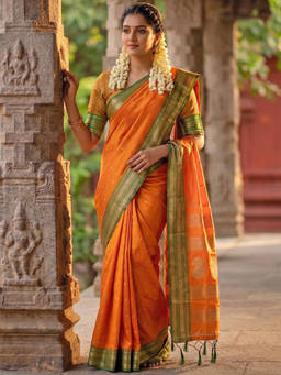 SATRANI - Orange Woven Silk Handloom Saree with Unstitched Blouse