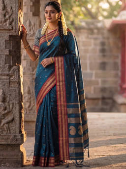 SATRANI - Teal Woven Silk Handloom Saree with Unstitched Blouse