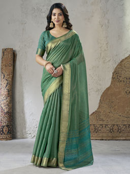 SATRANI - Green Woven Silk Handloom Saree with Unstitched Blouse
