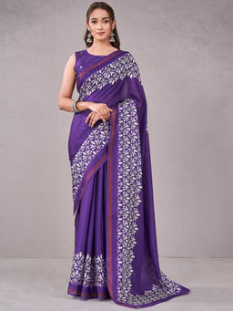 SATRANI - Purple Floral Silk Printed Saree with Unstitched Blouse