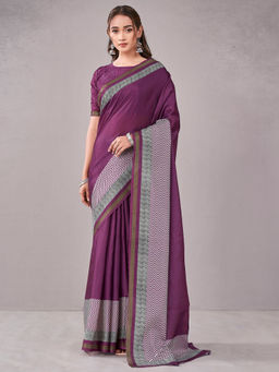 SATRANI - Purple Geometric Silk Printed Saree with Unstitched Blouse