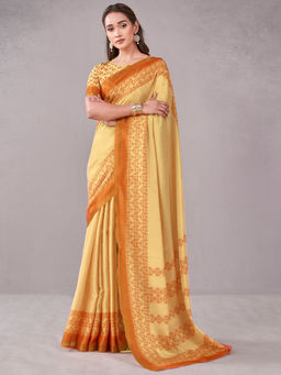 SATRANI - Yellow Silk Printed Saree with Unstitched Blouse