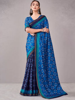 SATRANI - Navy Blue Silk Printed Saree with Unstitched Blouse