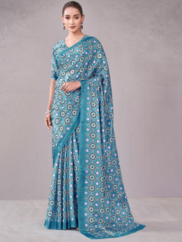 SATRANI - Blue Printed Chiffon Printed Saree with Unstitched Blouse