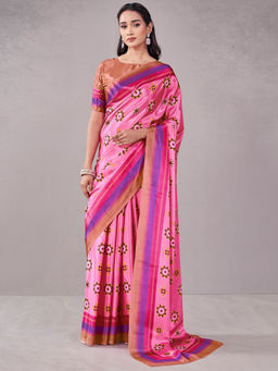 SATRANI - Pink Floral Chiffon Printed Saree with Unstitched Blouse