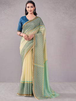 SATRANI - Yellow Floral Silk Printed Saree with Unstitched Blouse