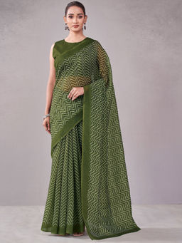 SATRANI - Green Printed Chanderi Printed Saree with Unstitched Blouse
