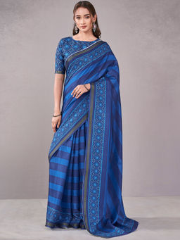 SATRANI - Blue Stripes Chanderi Printed Saree with Unstitched Blouse