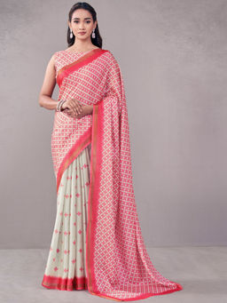 SATRANI - Off White Silk Printed Saree with Unstitched Blouse