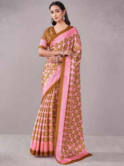 SATRANI - Pink Printed Chiffon Printed Saree with Unstitched Blouse