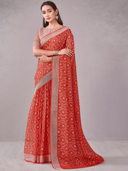 SATRANI - Red Floral Chanderi Printed Saree with Unstitched Blouse