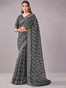 SATRANI - Black Geometric Chanderi Printed Saree with Unstitched Blouse