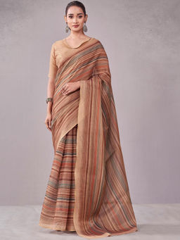 SATRANI - Brown Colorblock Silk Printed Saree with Unstitched Blouse