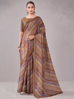 SATRANI - Beige Stripes Silk Printed Saree with Unstitched Blouse