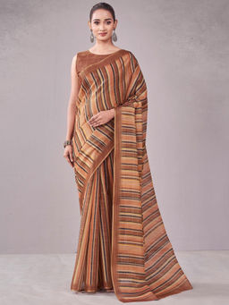 SATRANI - Beige Stripes Silk Printed Saree with Unstitched Blouse