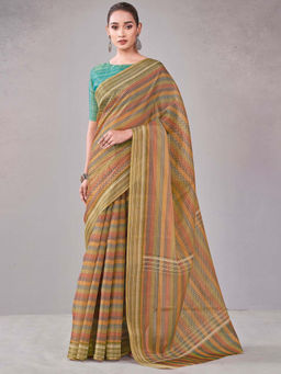 SATRANI - Multi-Colour Stripes Silk Printed Saree with Unstitched Blouse
