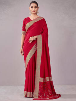 SATRANI - Red Printed Chanderi Printed Saree with Unstitched Blouse