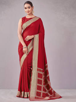 SATRANI - Red Printed Chanderi Printed Saree with Unstitched Blouse