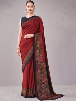 SATRANI - Maroon Printed Crepe Printed Saree with Unstitched Blouse