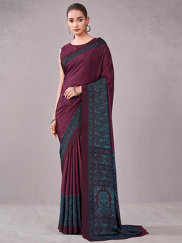 SATRANI - Wine Paisley Crepe Printed Saree with Unstitched Blouse