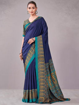 SATRANI - Navy Blue Paisley Crepe Printed Saree with Unstitched Blouse