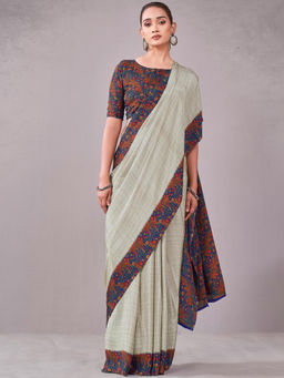 SATRANI - Beige Paisley Crepe Printed Saree with Unstitched Blouse