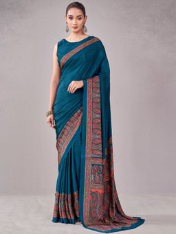SATRANI - Teal Paisley Crepe Printed Saree with Unstitched Blouse