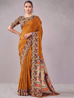 SATRANI - Mustard Paisley Crepe Printed Saree with Unstitched Blouse