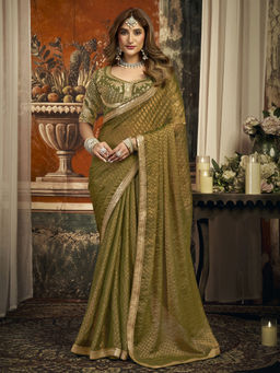 SATRANI - Green Embroidered Chiffon Embroidered Saree with Unstitched Blouse